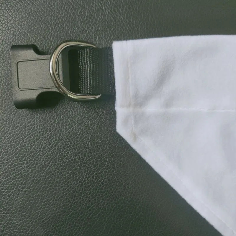 Blank white polyester dog scarf shown flat with dimensions for four size options available for thermal transfer customisation