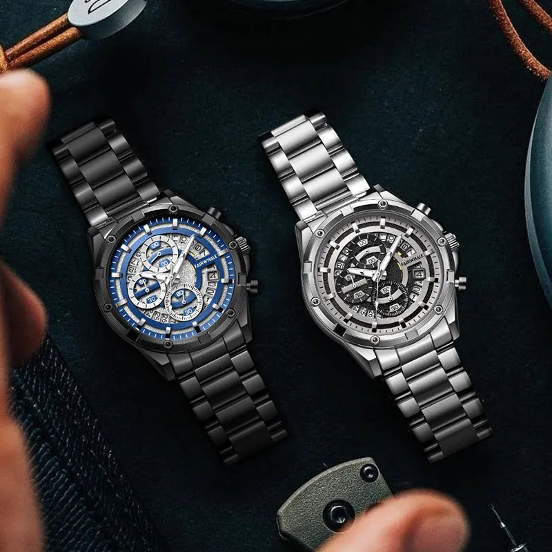 Men's waterproof quartz watch with luminous hands and stainless steel band in three colour variations.