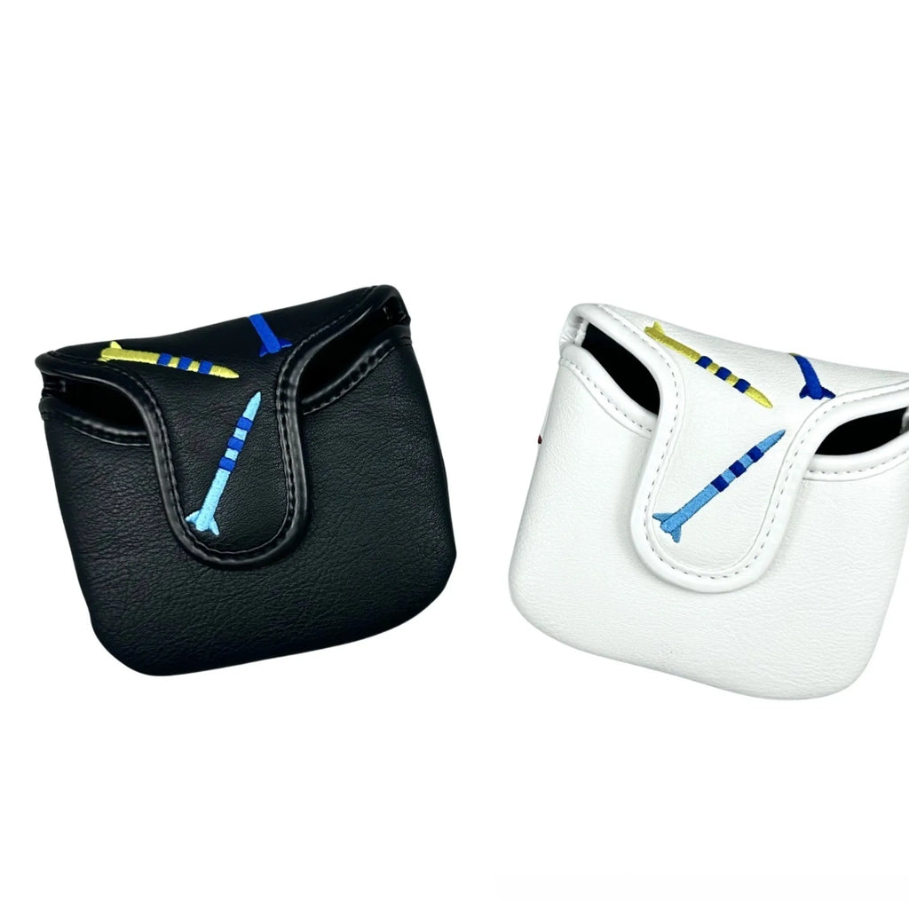 Black and white PU leather protective sleeve for a Rocket pattern square golf putter.