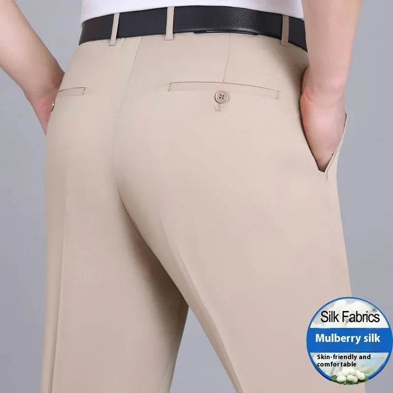 Men's straight cut mulberry silk blend business trousers in dark blue colour with high waist design