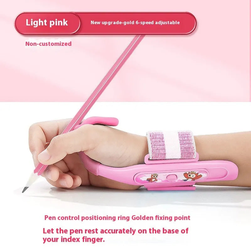 Blue anti-hook pen control corrector wrist brace on a child's hand holding a pencil.