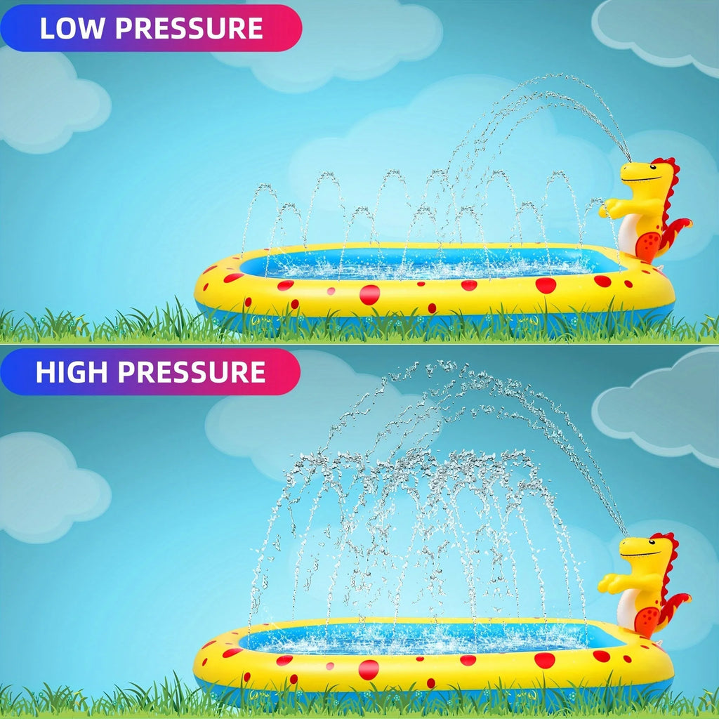 Blue dinosaur-shaped inflatable pool with spray jets for children's water play