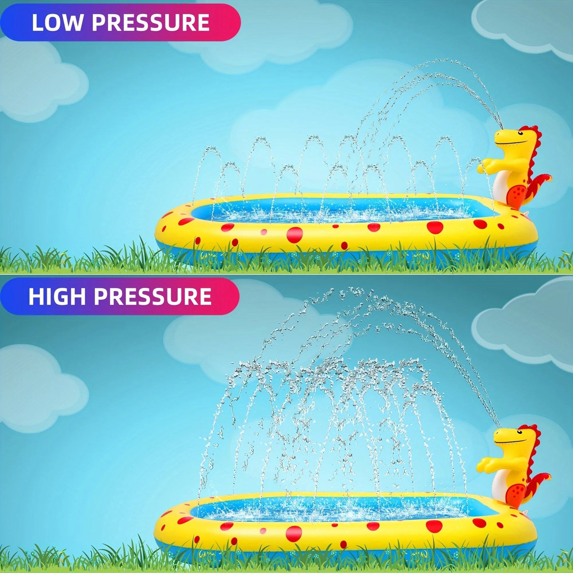 Blue dinosaur-shaped inflatable pool with spray jets for children's water play