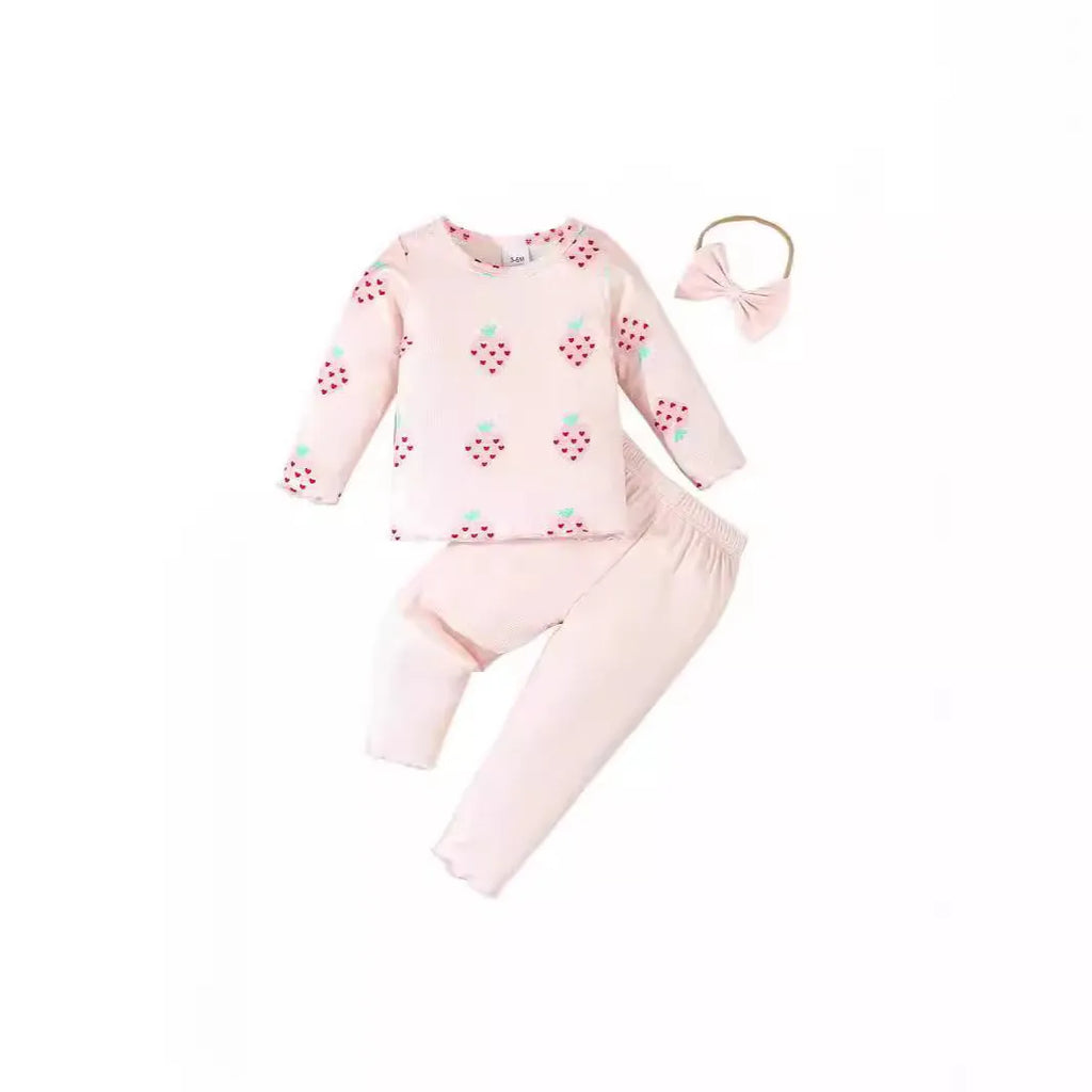 Infant wearing a light blue polyester 3-piece set with long sleeves, pants, and a matching hat.