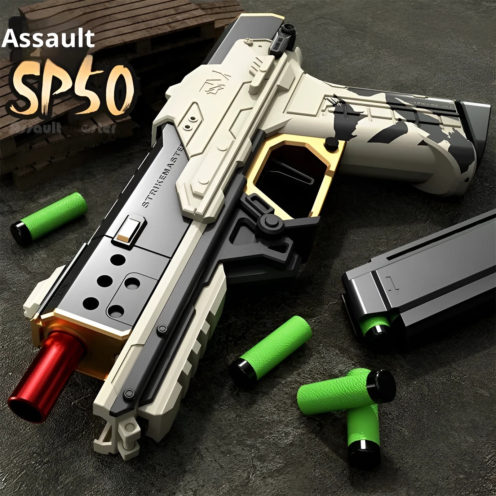 Nylon Attack Master SP50 soft bomb launcher toy in white with EVA soft balls and magazine