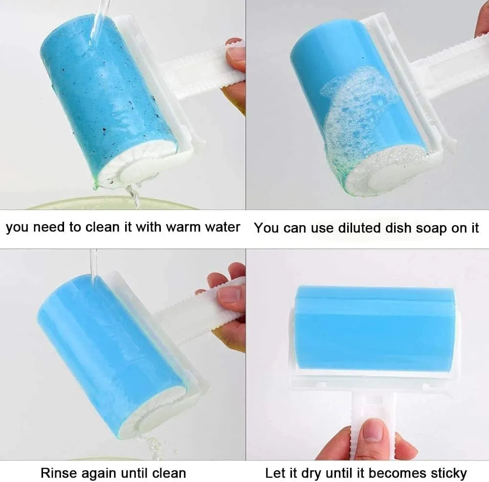 Blue washable reusable lint roller with cover for removing pet hair from clothes and sofas