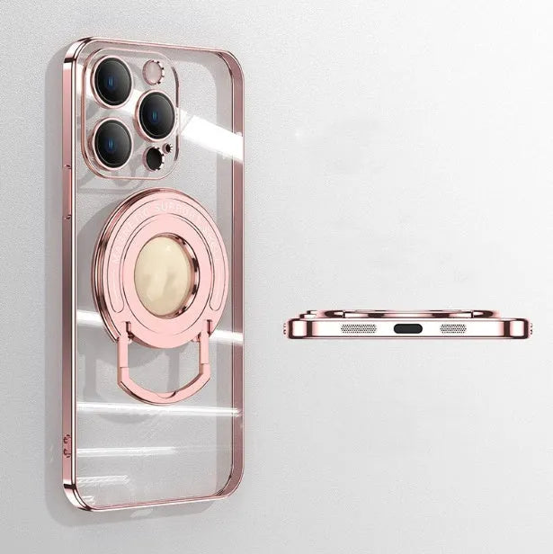 Transparent magnetic iPhone case with invisible pull-out stand, shown in dark purple colour.