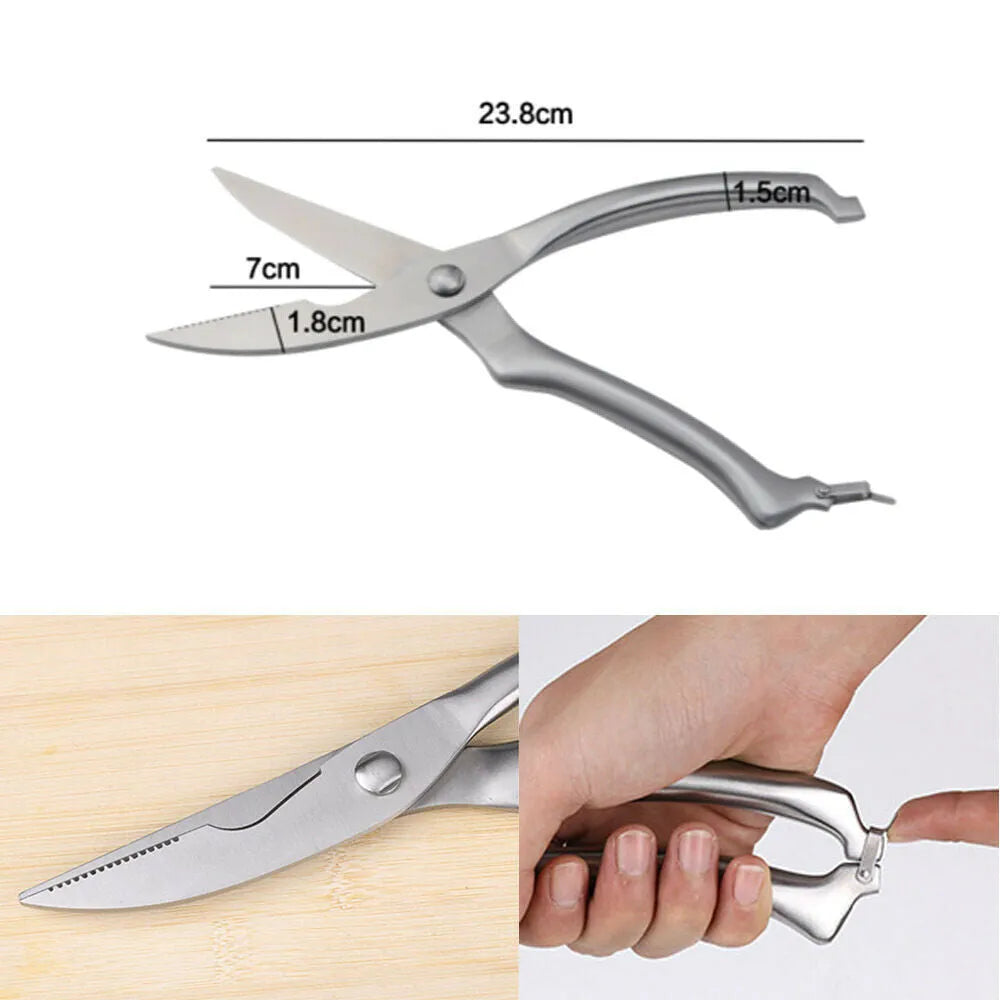 Silver stainless steel kitchen shears 25cm with serrated blade and ergonomic handle for cutting poultry bones