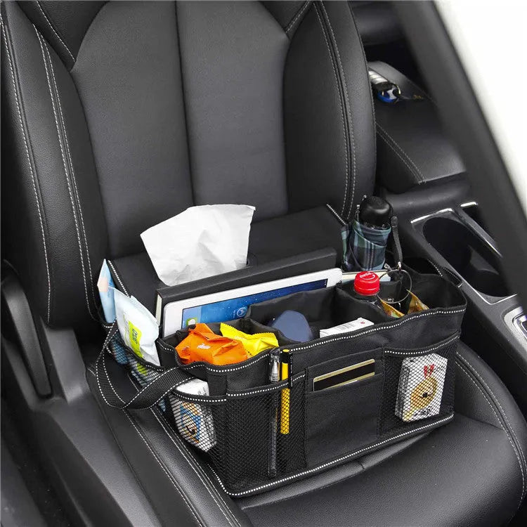 Black Oxford cloth cubic car boot storage box showing dimensions of 33cm wide by 33cm deep by 16cm high.