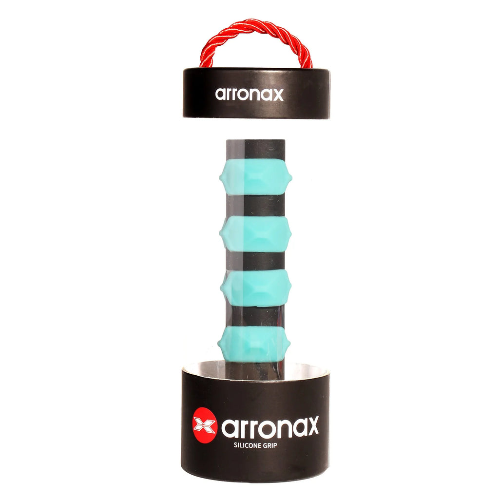 Peak silicone racquet hand rubber buckle in multiple colours on a tennis racquet grip.