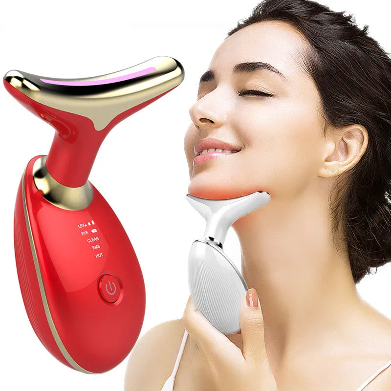 Black silver EMS neck massager with LED lights for skin tightening and wrinkle reduction