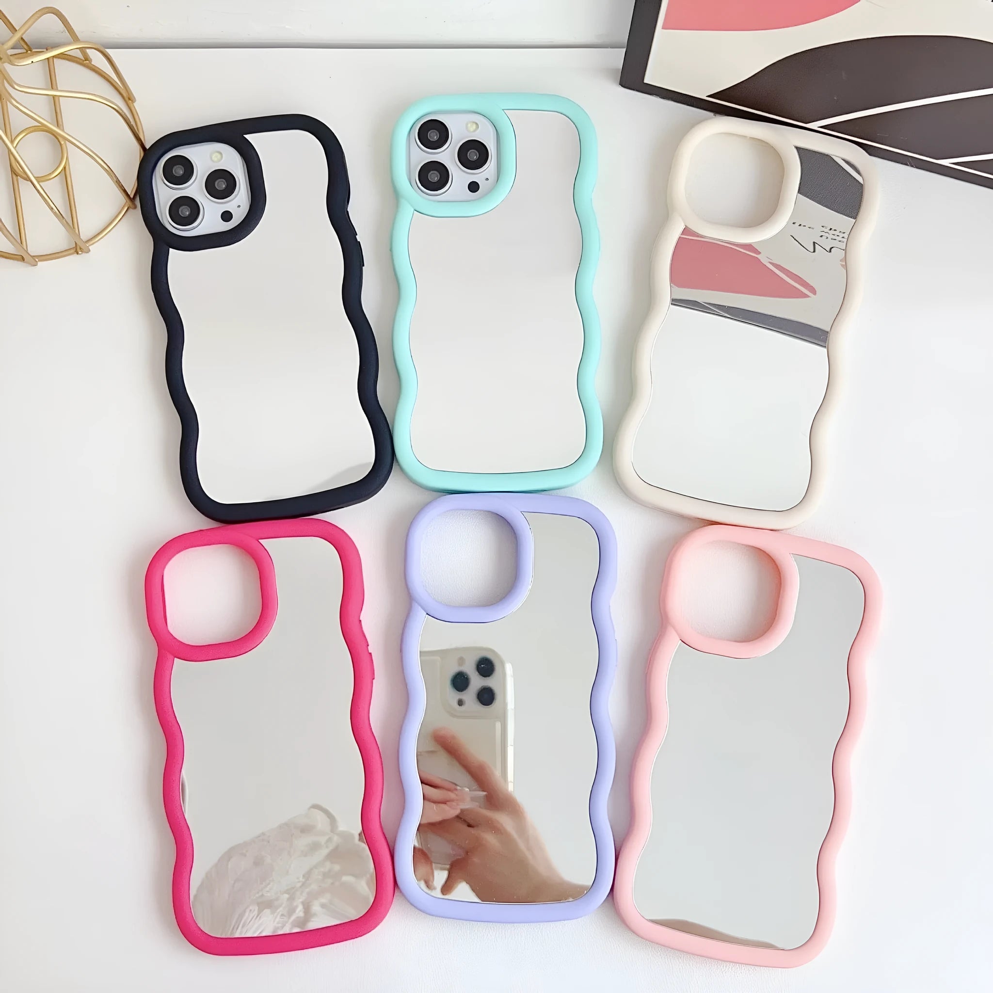 Silicone cloud wave phone case for iPhone 12 to 16 series, black with mirror finish