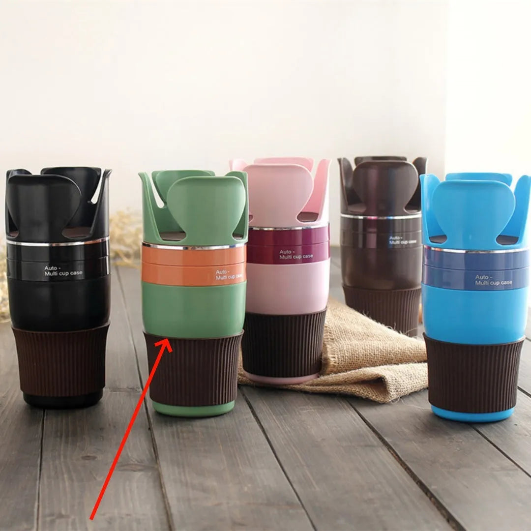 Black multifunction car cup holder with attached navigation phone mount bracket.