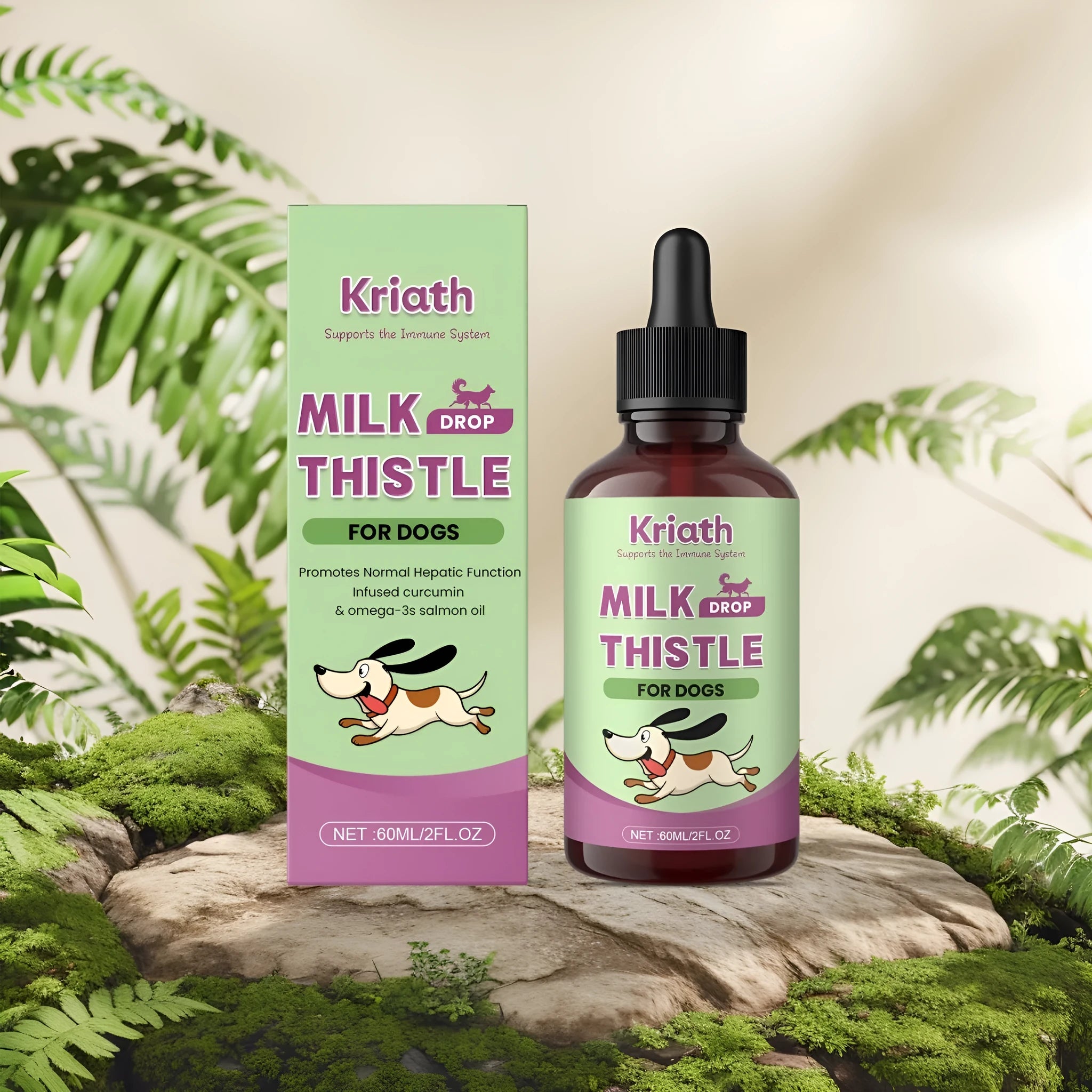 60ml bottle of dog milk thistle extract liquid supplement with a dropper.