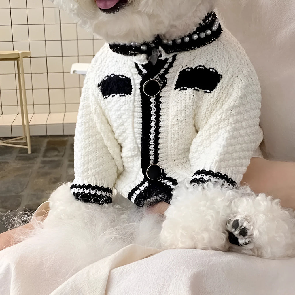 Korean style white puppy sweater with pearl collar for small dogs in XS to XL sizes