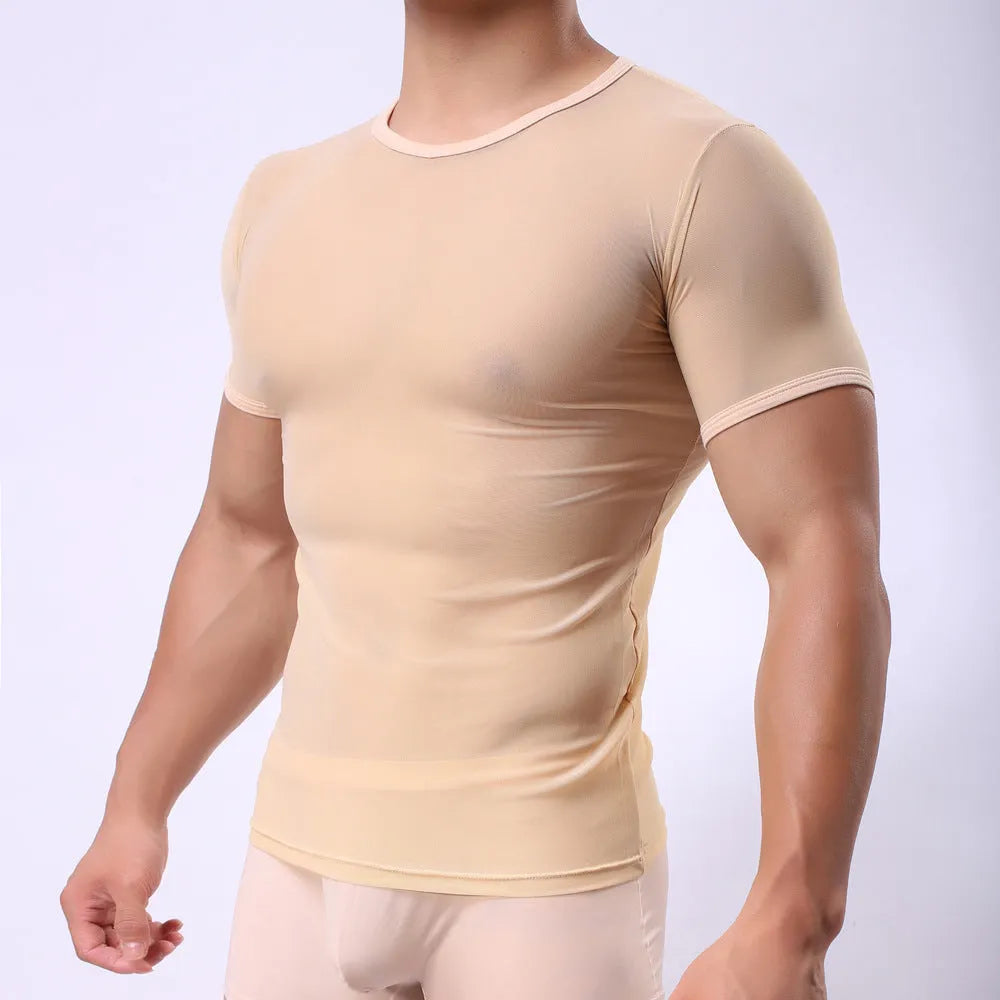 Men's slim fit mesh transparent t-shirt in solid colour on a model.