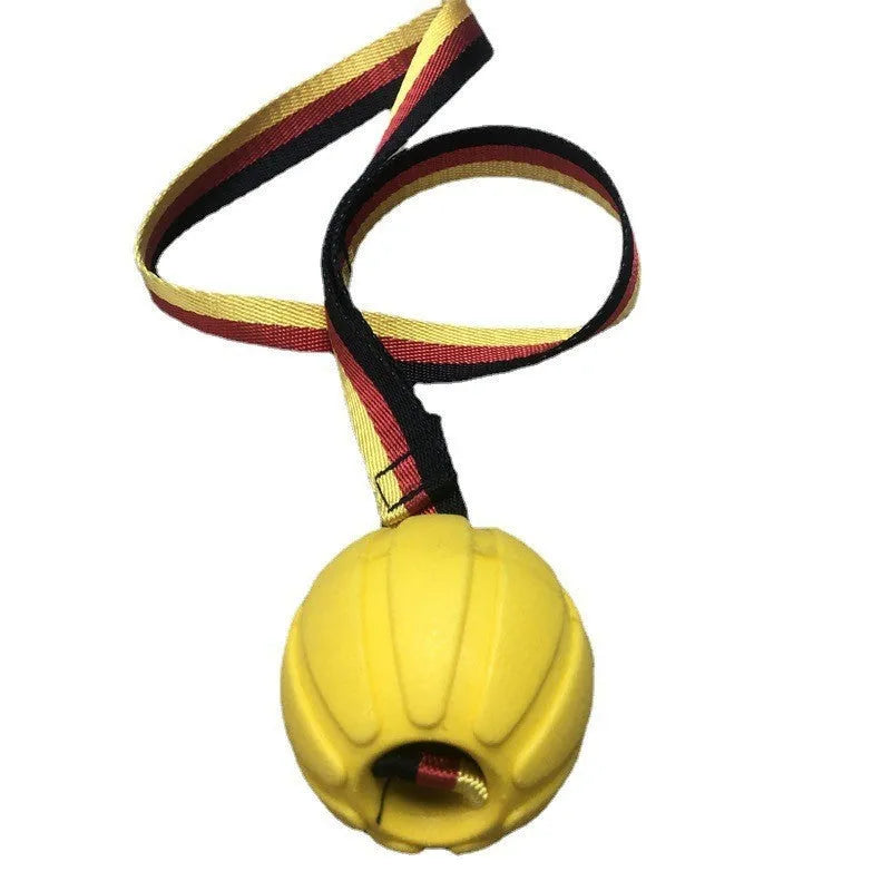 EVA floating pet training ball in camouflage colour showing tetherball design with knot attachment