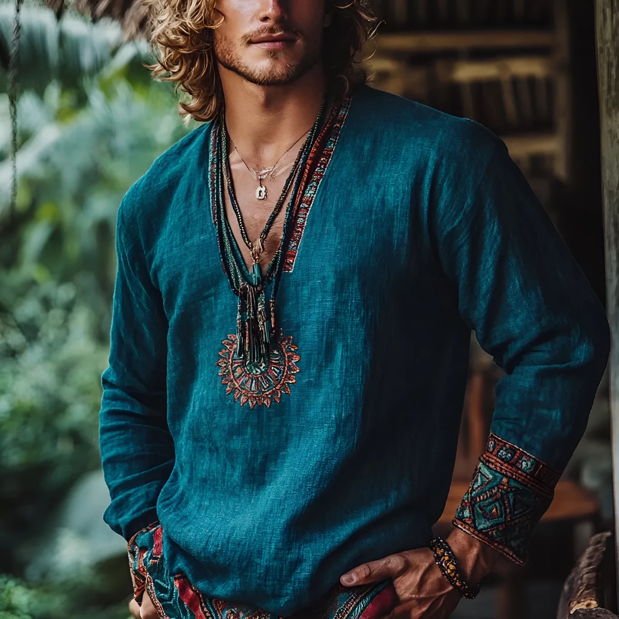 Boho style vintage printed long sleeve casual top in a loose pullover fit.