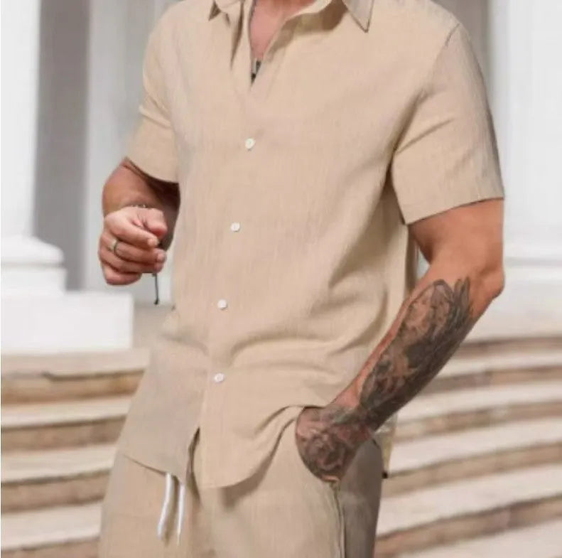 Men's casual striped print suit set with short sleeve shirt and matching shorts in colour YT50313P1