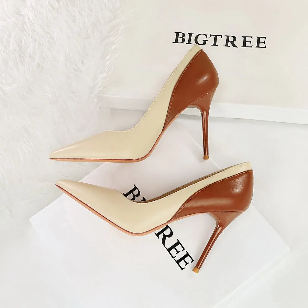 Retro style women's high heel pumps with 8cm stiletto heel and pointed toe in black or beige