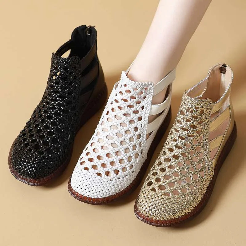 Gold and white women's flat sandals with hollow-out design and soft TPR soles