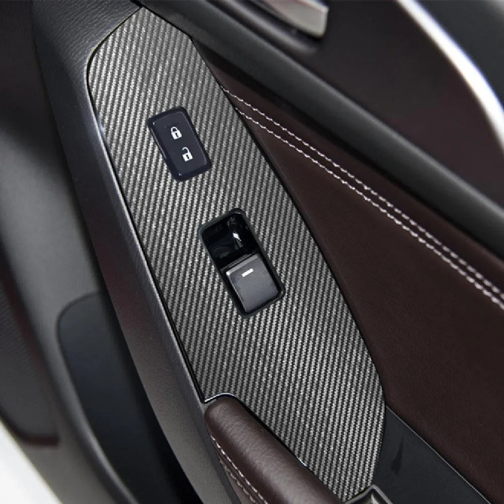 Set of four transparent TPU protective films for car door control panels, compatible with 2014-2019 vehicles.