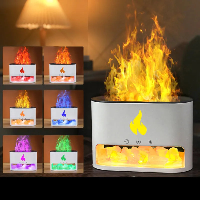 Square white flame humidifier on a desk showing a colourful 3D flame projection and a crystal salt stone.