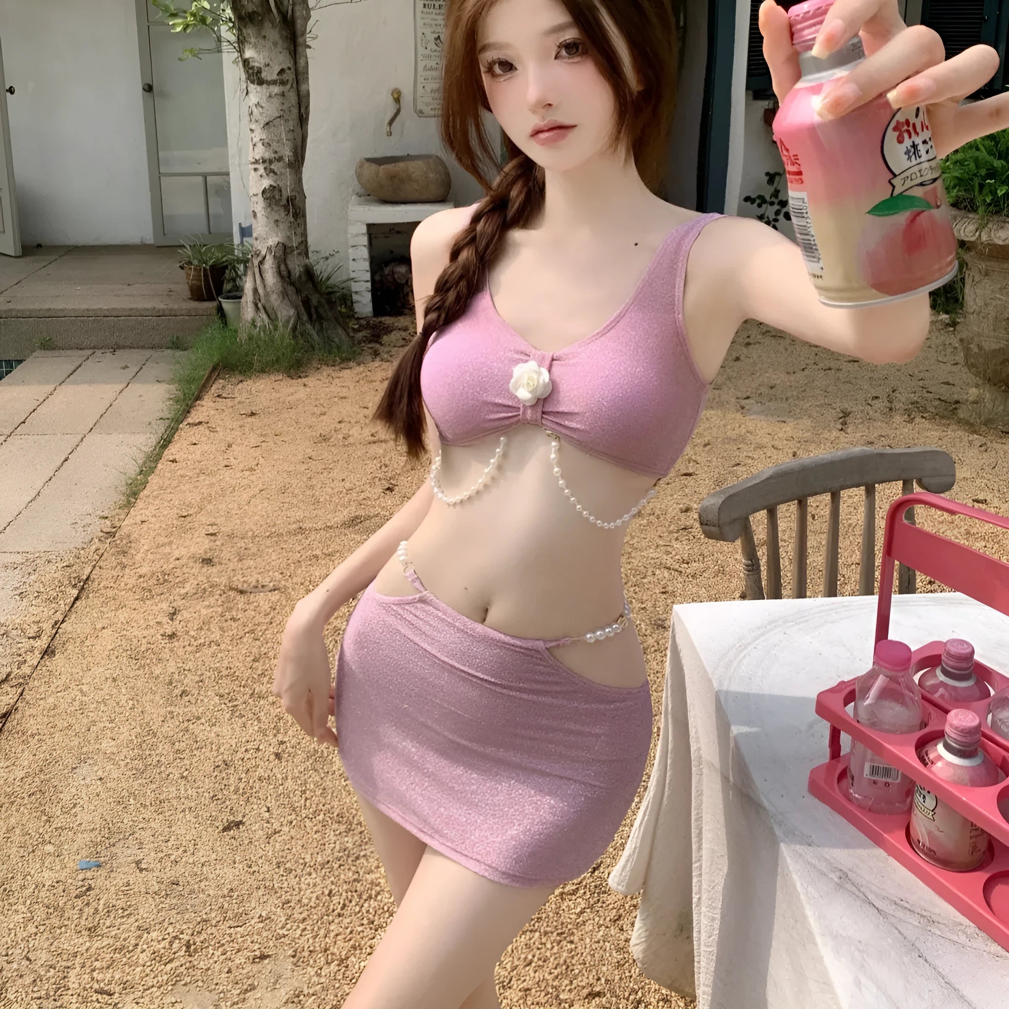 Women's pink or black three-piece polyester bikini swimsuit with high elasticity for swimming and hot springs