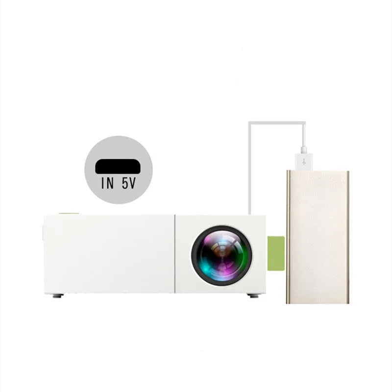 YG310 mini portable HD LED projector with front projection lens and compact black casing
