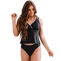 Black solid colour sleeveless women's nylon bikini swimsuit set laid flat.