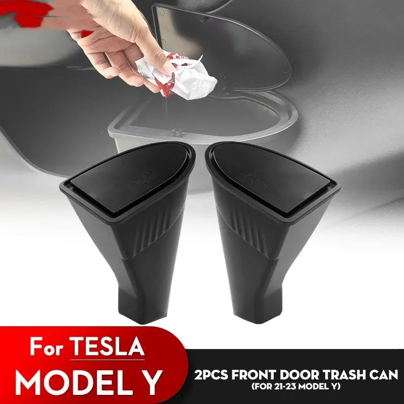 Two matte black ABS plastic storage boxes designed for Tesla Model Y front door pockets