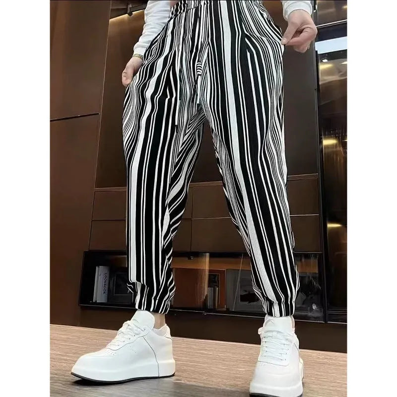 Men's striped cropped pants with ankle ties in ice silk fabric