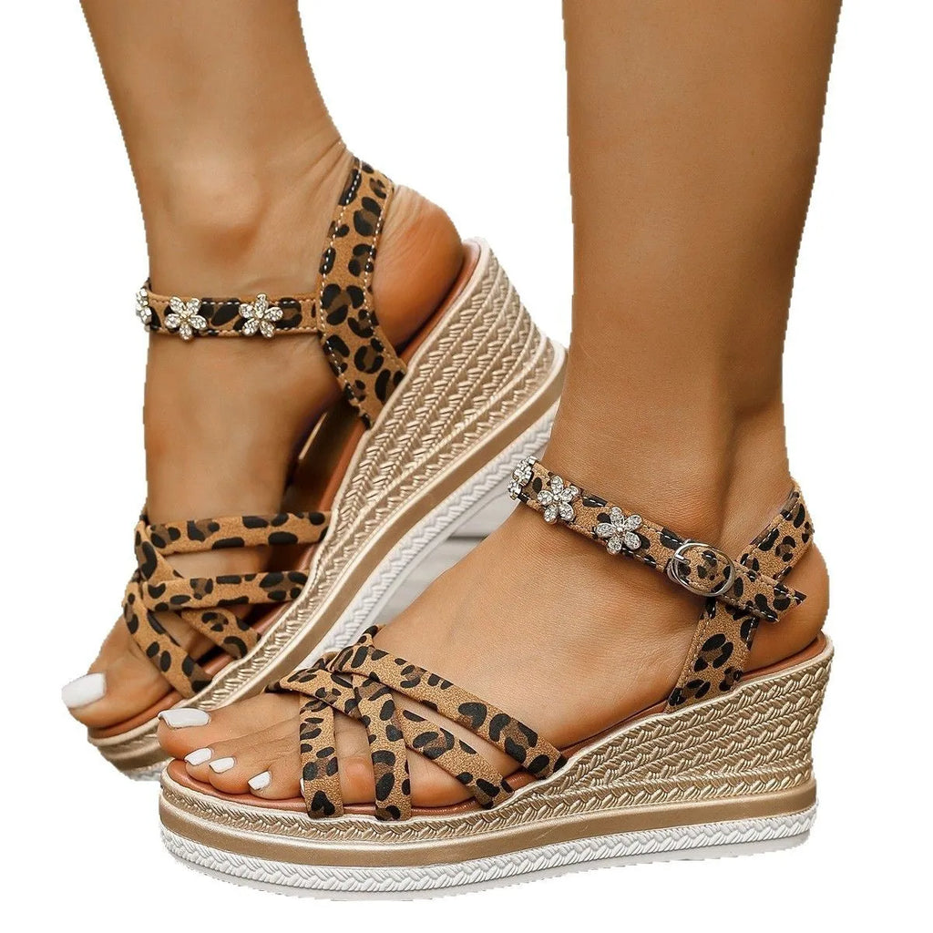 Light brown suede platform sandals with ankle buckle and open toe design