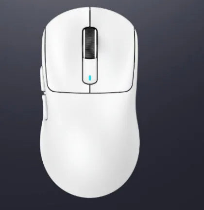 Black three-mode rechargeable Bluetooth mouse with USB receiver and parachute cord on a desk.