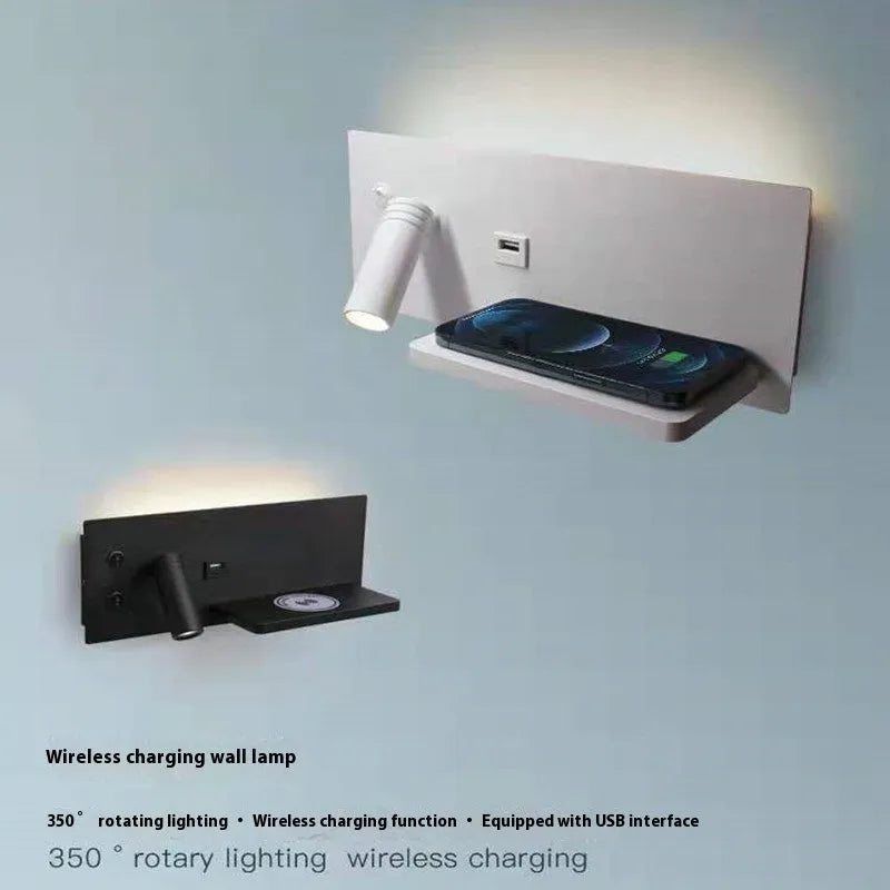 Modern minimalist Nordic style bedside wall lamp with USB wireless charging, iron shade, warm LED light