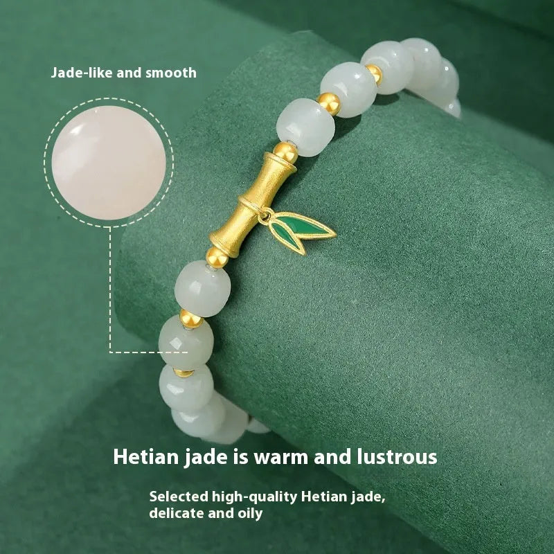 S925 sterling silver bracelet with 6mm natural Hetian jade beads and bamboo leaf design elements