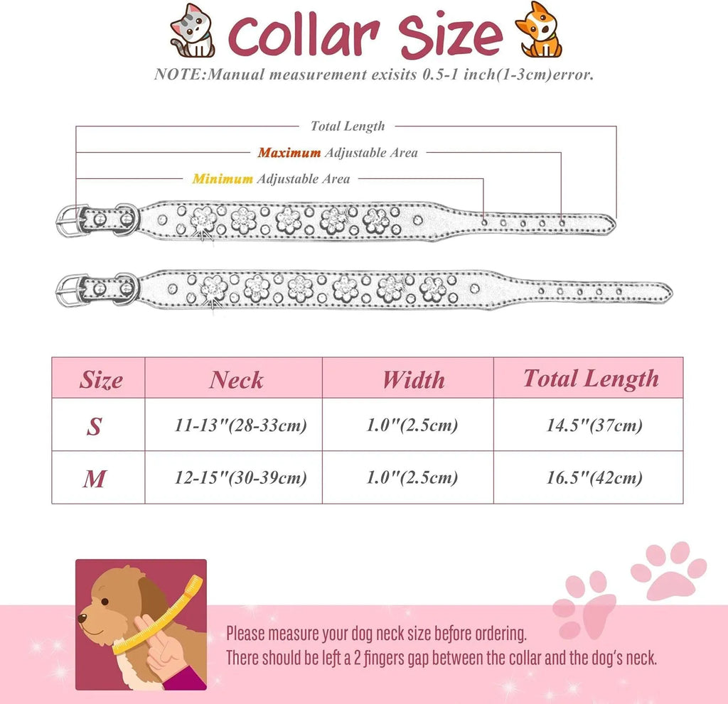 A decorative black PU leather dog collar with a sparkling rhinestone flower pattern and silver metal studs, shown adjusted with a metal D-ring.