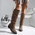 Brown leopard print women's ankle boots with a square toe and chunky block heel.