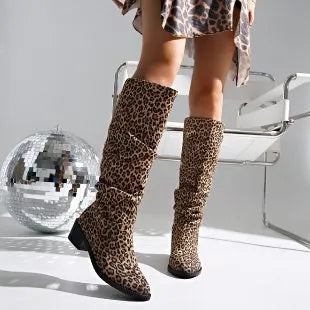 Brown leopard print women's ankle boots with a square toe and chunky block heel.