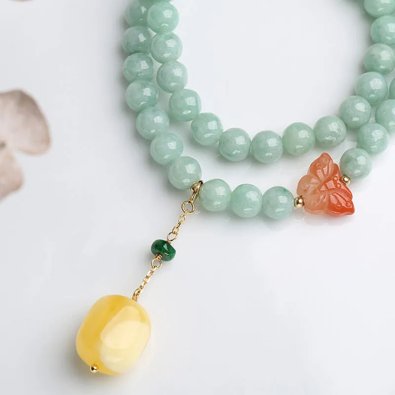 Double-layer jade and beeswax bracelet with hanging barrel beads and retro geometry design