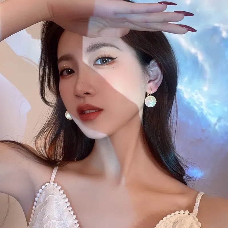Colourful mermaid pearl geometric ear clip earrings with anti-lost design in Korean style