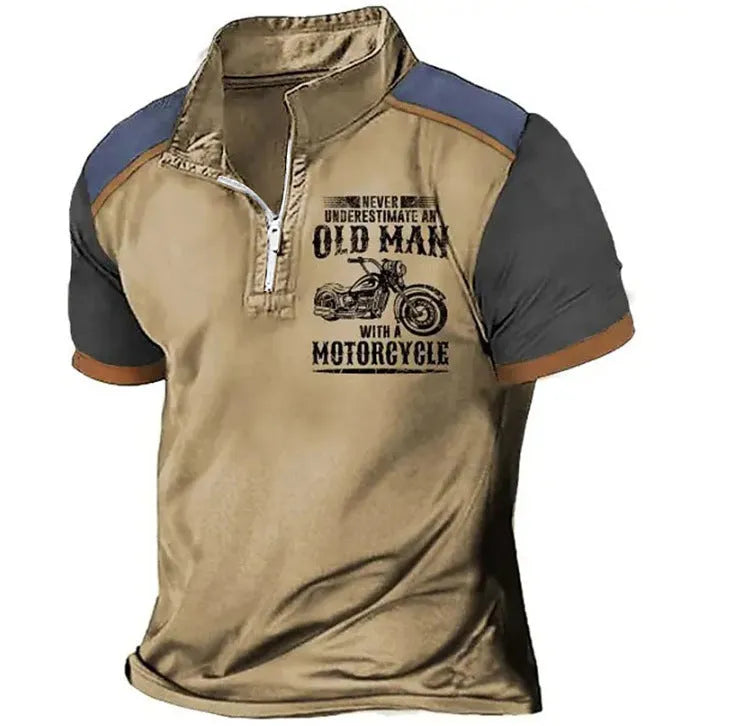 Men's blue digital print polo shirt with a lapel collar and short sleeves.