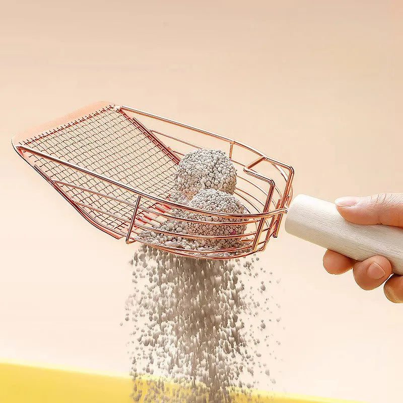 Stainless steel cat litter shovel with wooden handle in three design options