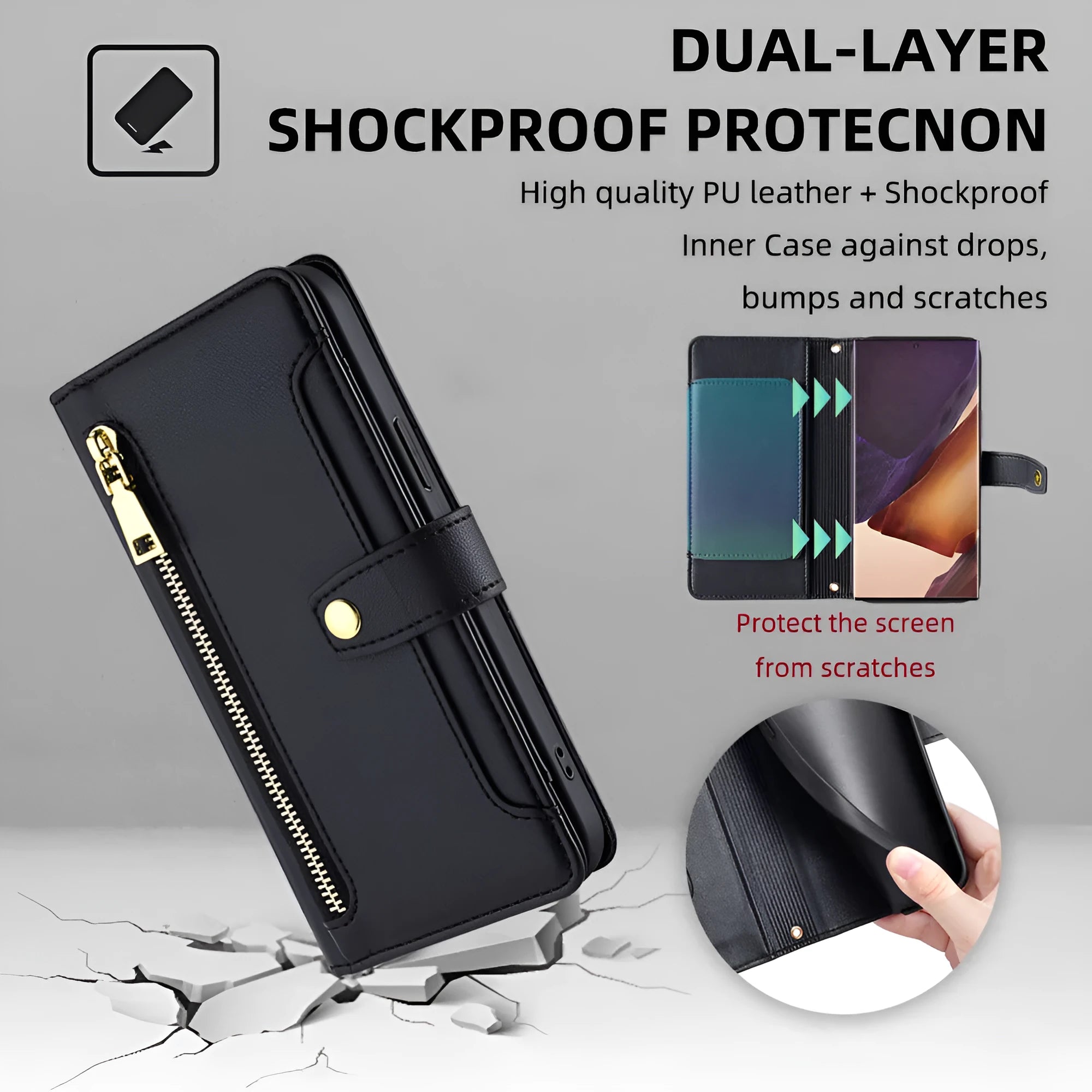 Samsung flip phone case with card slot and kickstand in black TPU leather