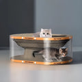White transparent PVC tunnel cat nest with integrated corrugated cardboard scratch panel, dimensions 58x45x23cm