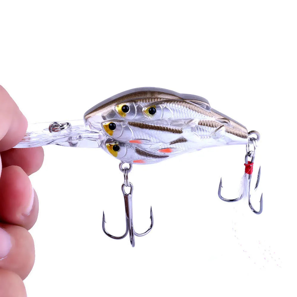 Sea fishing hard bait floating lure with feather tail in one of nine colour options, 7.5cm long.