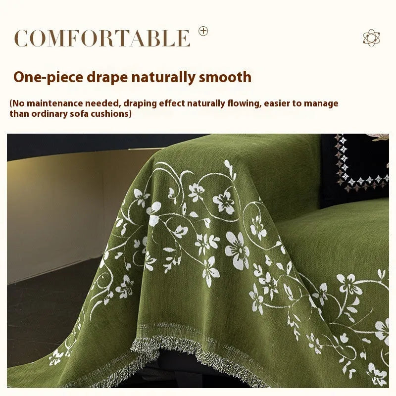 Soft chenille sofa cover with embroidered magnolia floral pattern in garland coffee colour, size 180x230cm