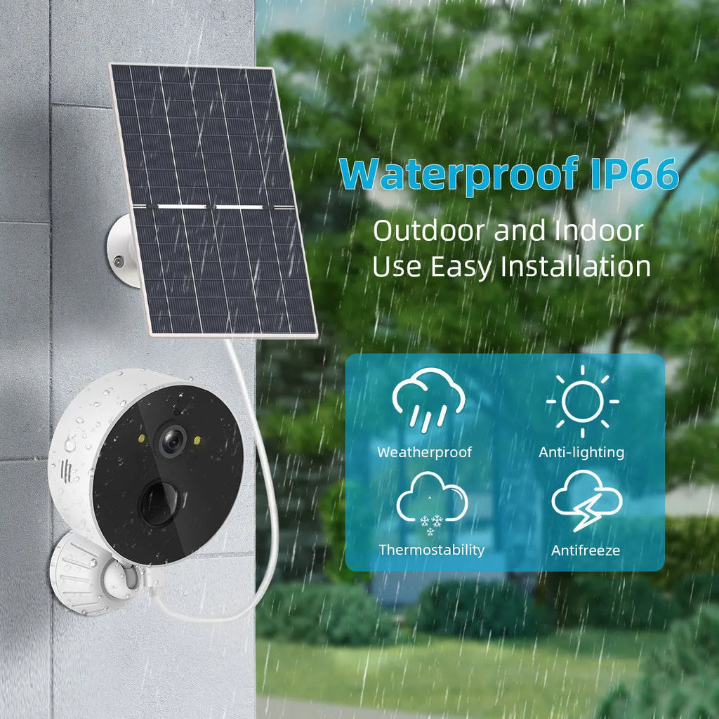 Solar-powered outdoor security camera with separate solar panel unit