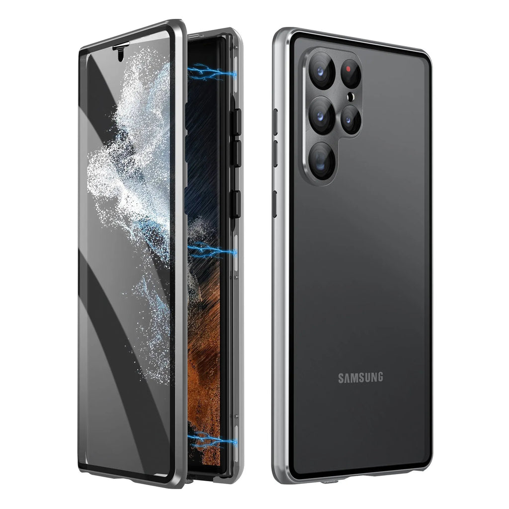 Black magnetic mirror phone case with peep-proof screen for Samsung S24 Ultra.