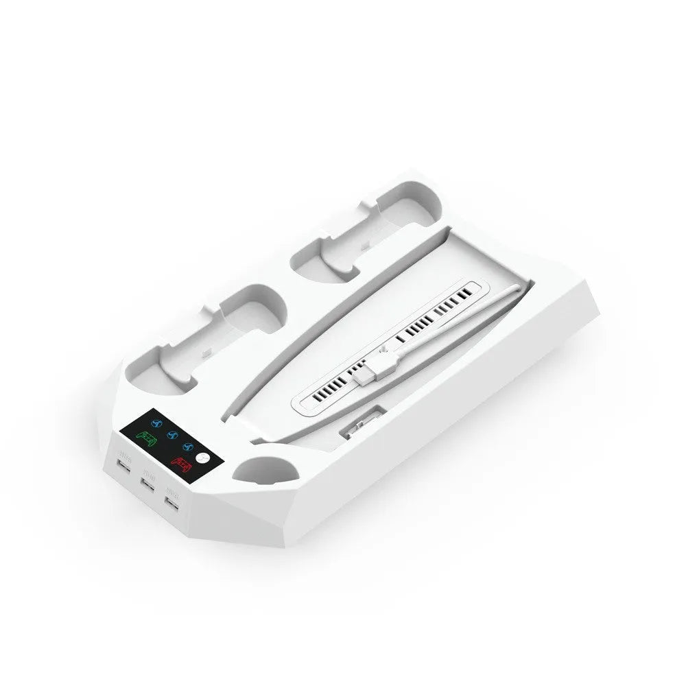 PS5 charging base radiator with storage compartments for controller, remote, and headset